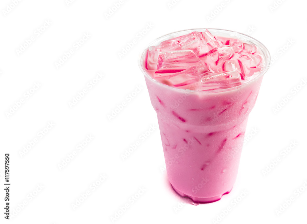 Closeup ice of strawberry sweet milk pink in takeaway cup on white background Closeup ice of strawberry sweet milk pink in takeaway cup on white background