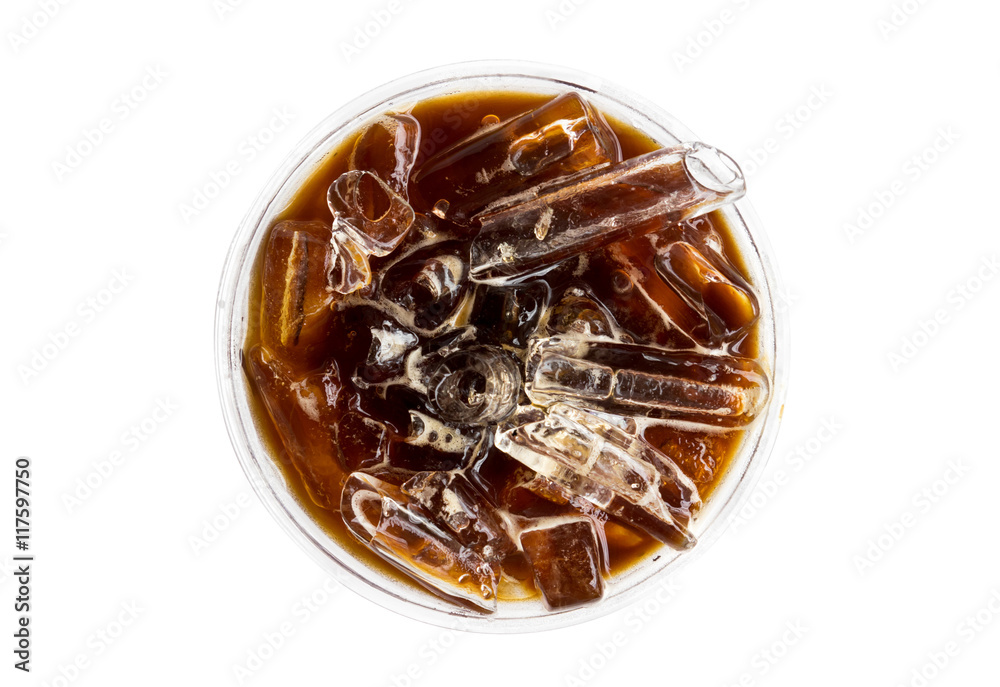 Closeup top view ice of americano coffee on white background