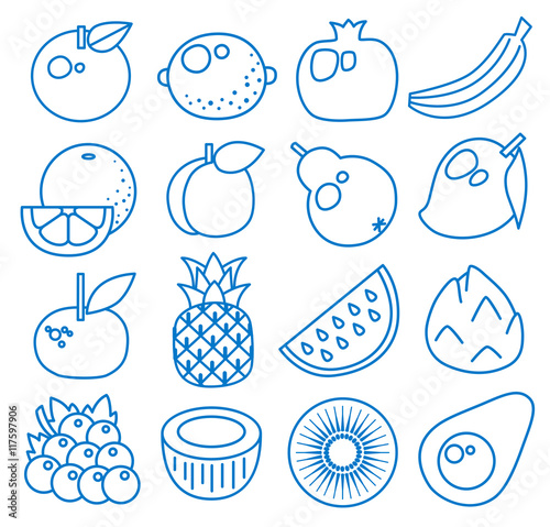 Fruits. Set of line icons. Vector illustration. Apple, lemon, pomegranate, banana, orange, peach, pear, mango, mandarin, pineapple, watermelon, pitaya, grape, coconut, kiwi, avocado