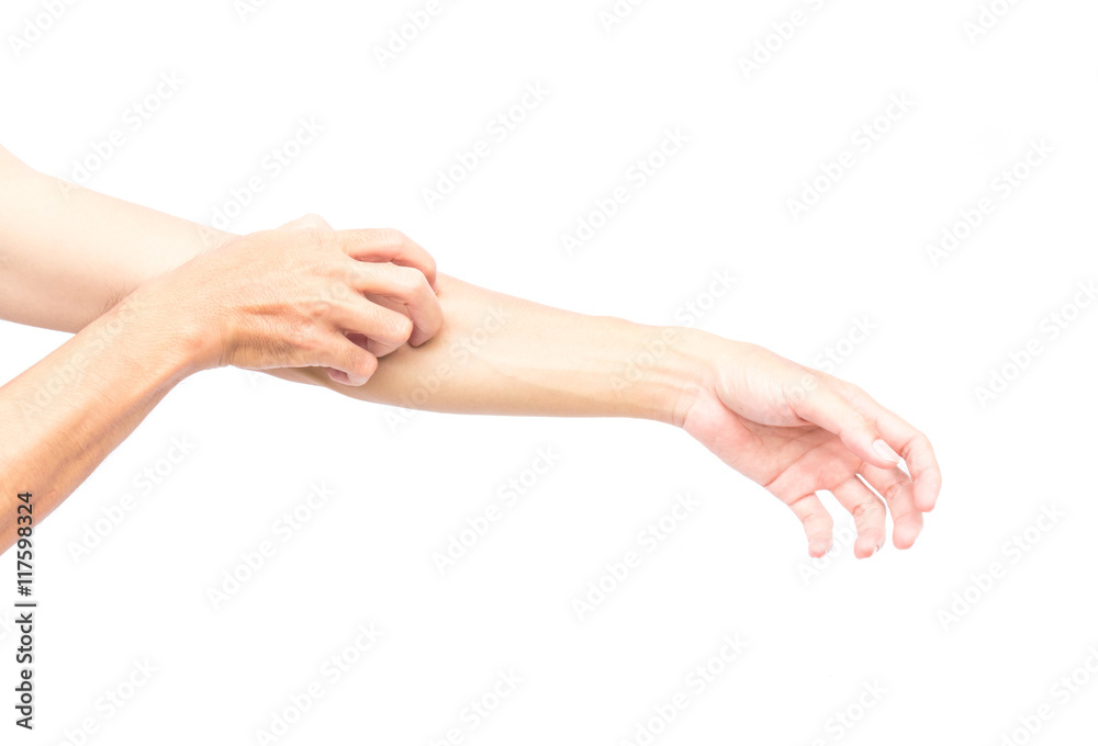 Man hand scratching arm on white background for healthy concept