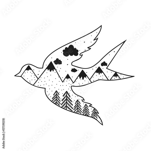 Vintage vector hand drawn typography poster with bird silhouette, forest and mountains inside.