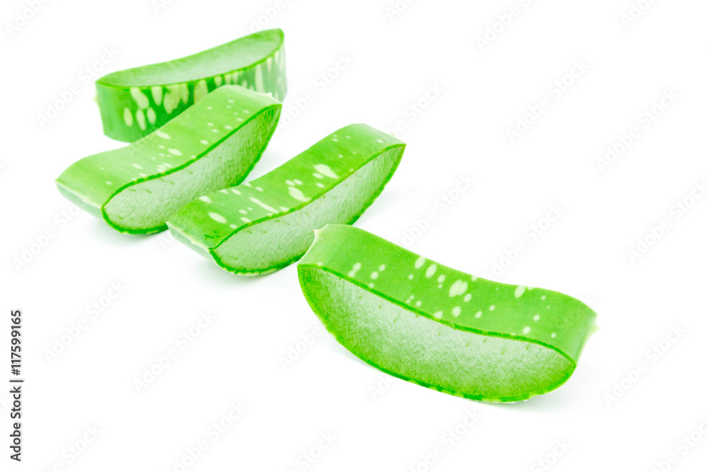 Closeup fresh aloe vera slice on white background, beauty and healthy care concept, selective focus Closeup fresh aloe vera slice on white background, beauty and healthy care concept, selective focus