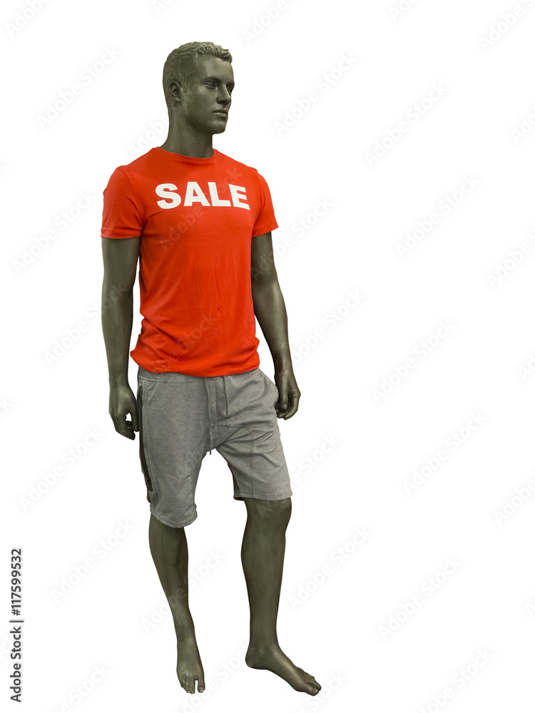 Male mannequin with sale t-shirt. Male mannequin with sale t-shirt.