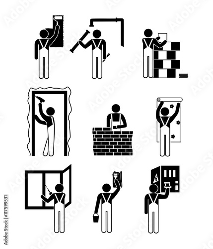 Set of black and white icons of repair work in the house