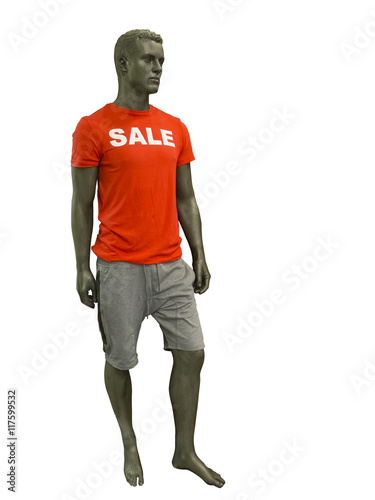 Male mannequin with sale t-shirt.