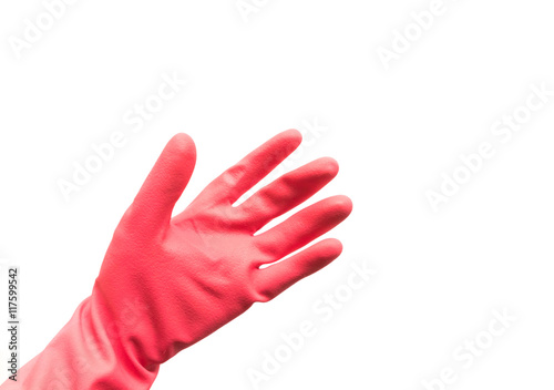Hands wearing red rubber gloves for cleaning on white background, housework concept © mraoraor