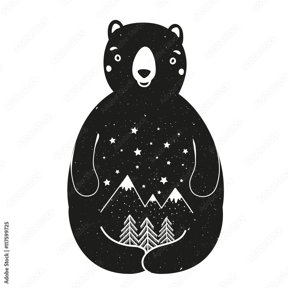 Obraz premium Vector illustration with cute cartoon style bear. Pine trees, stars and mountains.