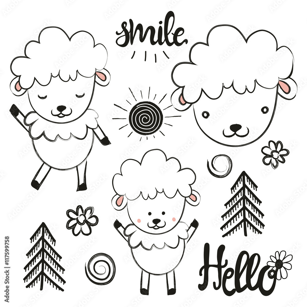 Fototapeta premium Cute vector set with sheep, sun, pine trees, flowers and words. Hello and Smile. 
