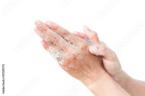 Closeup woman's hand washing, Cleaning hands on white background