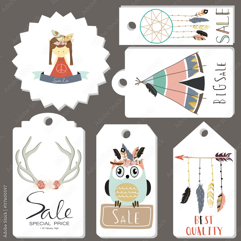 Naklejka premium Light gold pink tag sale with feather,indian tent,owl and girl i