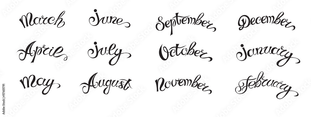 Set hand-drawn lettering with months names of year, black on white