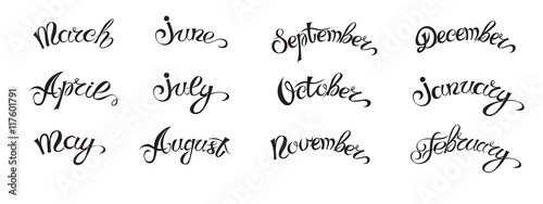 Set hand-drawn lettering with months names of year, black on white