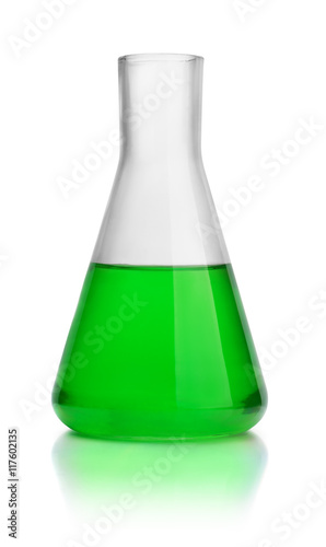 Laboratory conical flask with green liquid