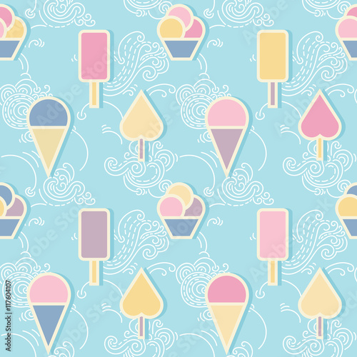Ice cream heaven - seamless pattern.
Hand drawn ornamental wallpaper or textile pattern with ice-cream and cloud motives in vector format.