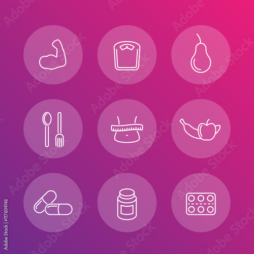 Diet, nutrition, dietary supplements transparent line icons