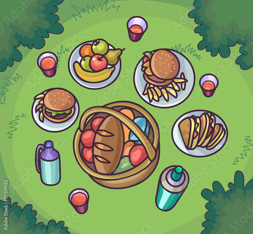 Picnic food in the meadow. Flat cartoon outdoor meal set.