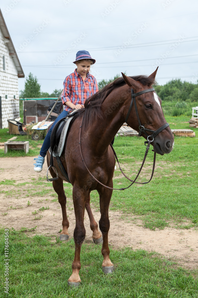 Young Caucasian girl riding a chestnut horse in country farm Young Caucasian girl riding a chestnut horse in country farm