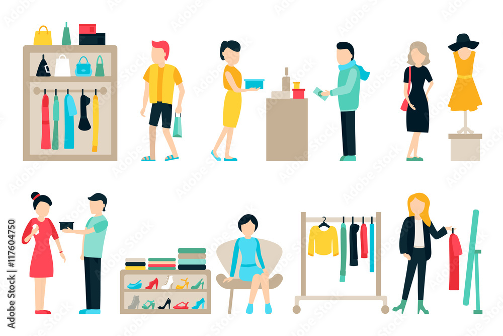 Vector shopping and shipping flat icons set. Mall Staff, Happy Buyers Isolated On White Background, Furniture, Clothes, People Vector Illustration, Graphic Editable For Your Design