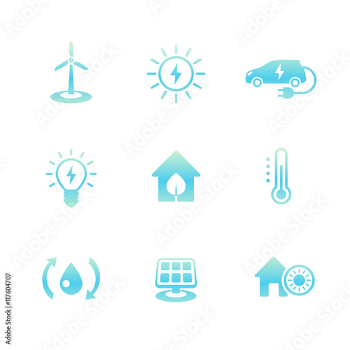 Green ecologic house, ecofriendly, energy saving technologies, icons on white