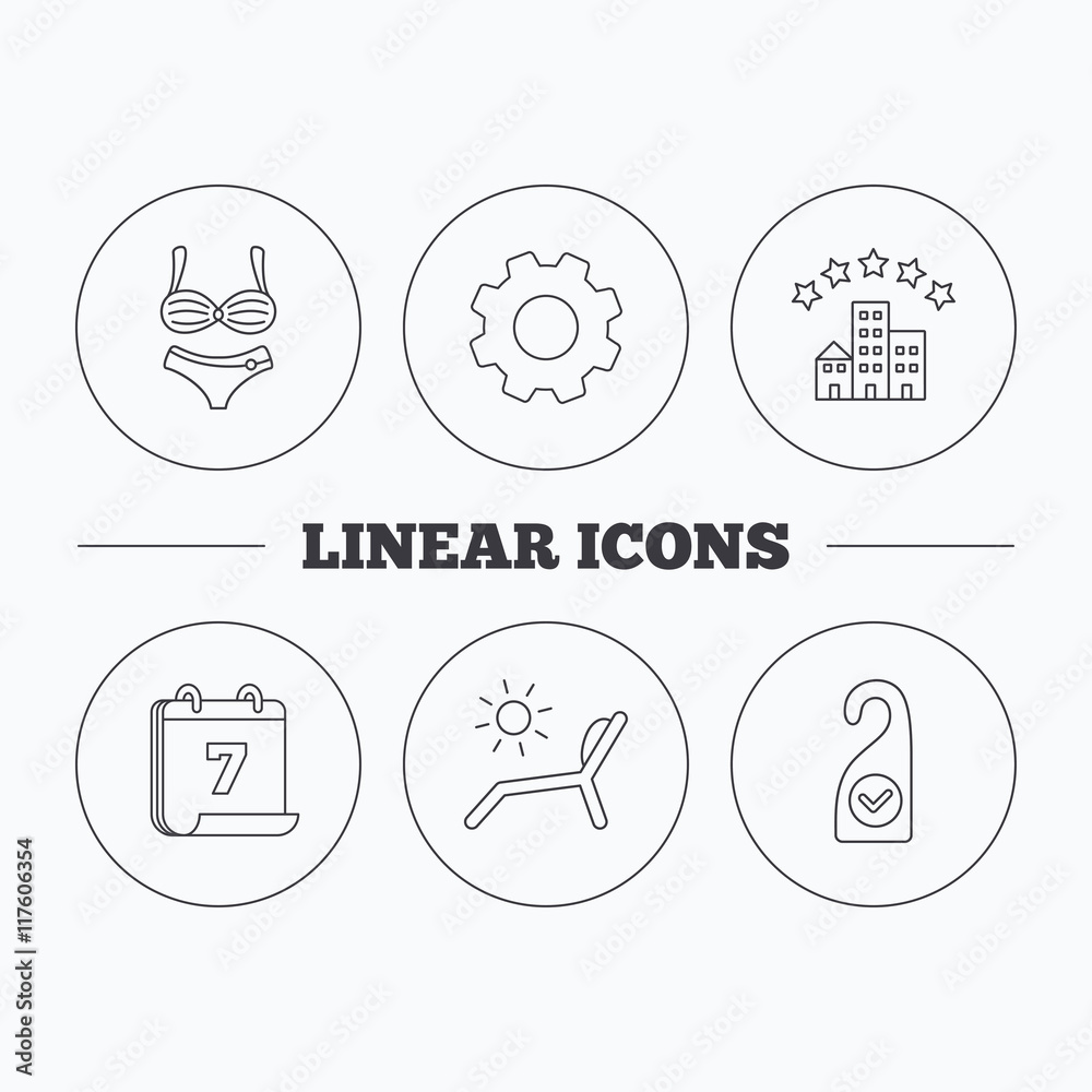 Hotel, lingerie and beach deck chair icons. Hotel, lingerie and beach deck chair icons.
