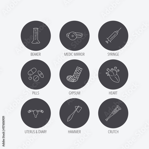 Syringe, beaker and pills icons. Medical signs.