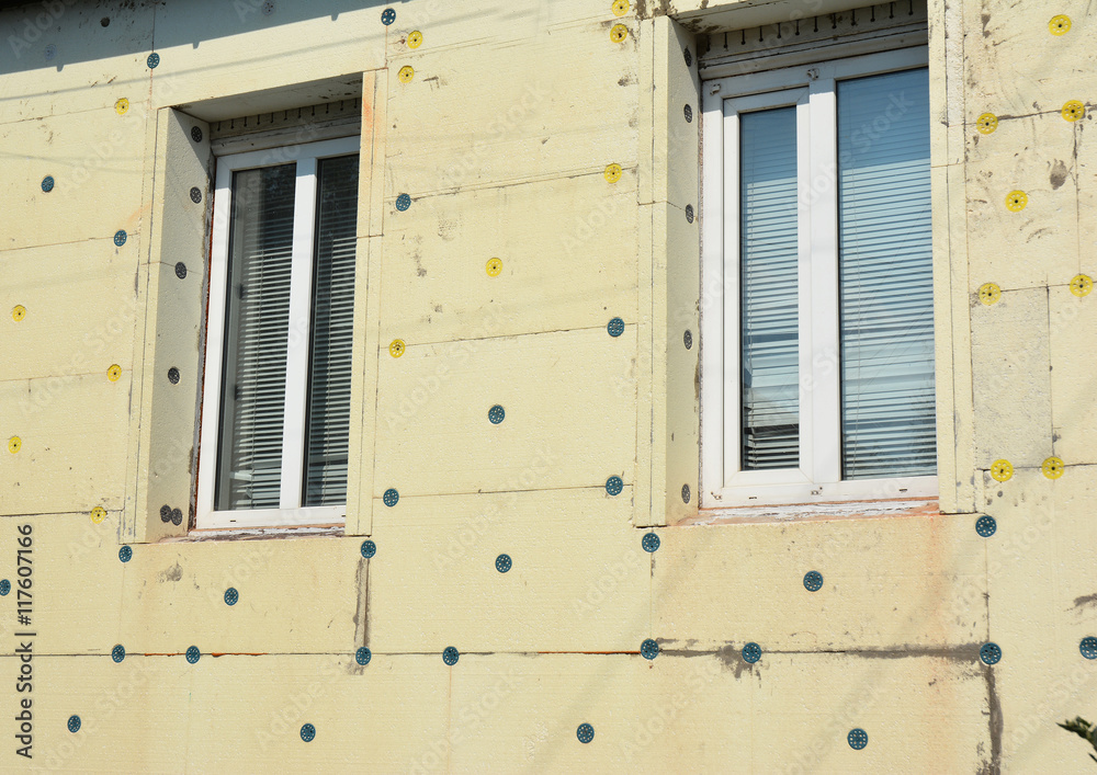 Fototapeta premium House wall insulation styrofoam. Avoid Polystyrene Insulation and Building Green House.