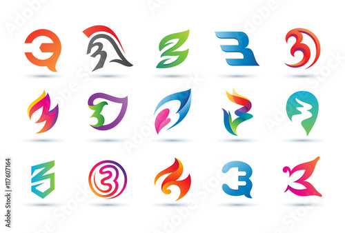 Set of Abstract Number 3 Logo - Vibrant and Colorful Icons Logos