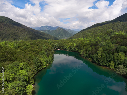 Beautiful nature of Biograd lake in evergreen woods of Bjelasica mountains, Kolasin, Montenegro