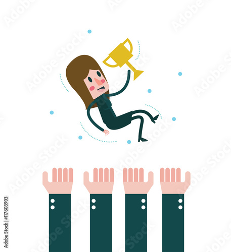 Celebration Business woman holding trophy. Worker woman success. vector