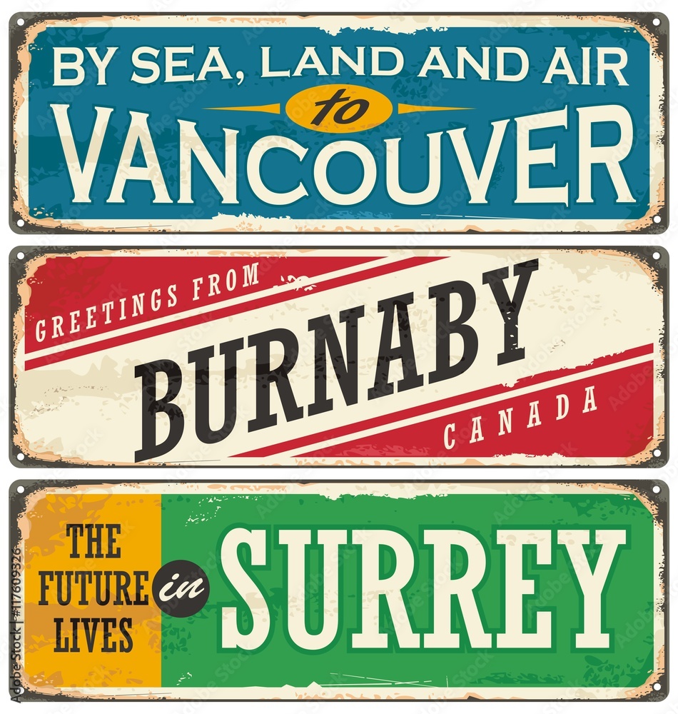 Retro tin sign collection with Canada cities