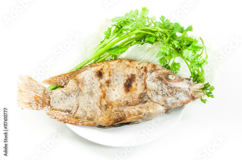 Tilapia grilled salt on white dish on white background photo