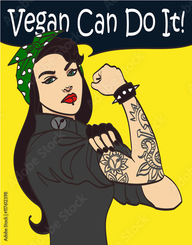 Cool nice drawn vector subculture punk gothic woman with signature we Vegan Can Do It. In layers, eps 10