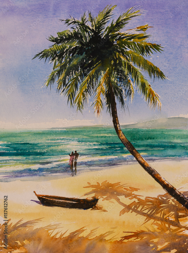 Fototapeta premium Couple in love on a beach.Picture created with watercolors.
