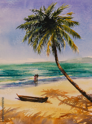 Couple in love on a beach.Picture created with watercolors.