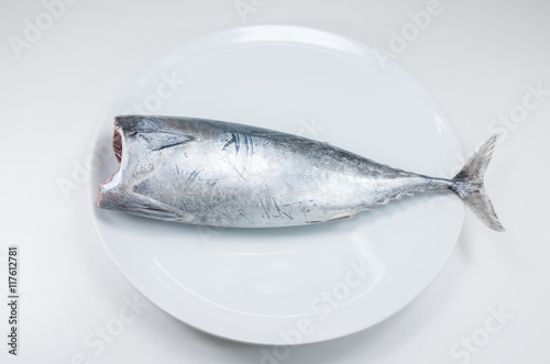 Tuna fish raw on white dish on white background