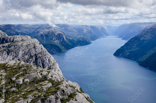 Lysefjorden from Preikestolen in Norway with the clouds in the sky