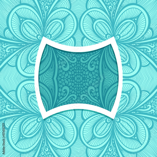 Template with frame and seamless  Zen-doodle pattern in blue