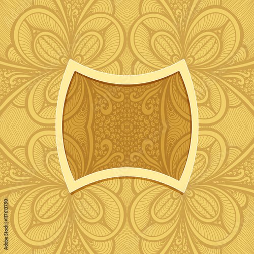 Template with frame and seamless  Zen-doodle pattern in beige