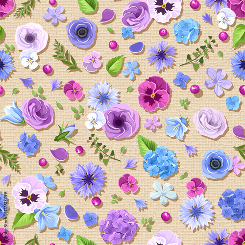 Vector seamless pattern with blue and purple pansies, cornflowers, lisianthuses, bluebells and hydrangea flowers on a sacking background.