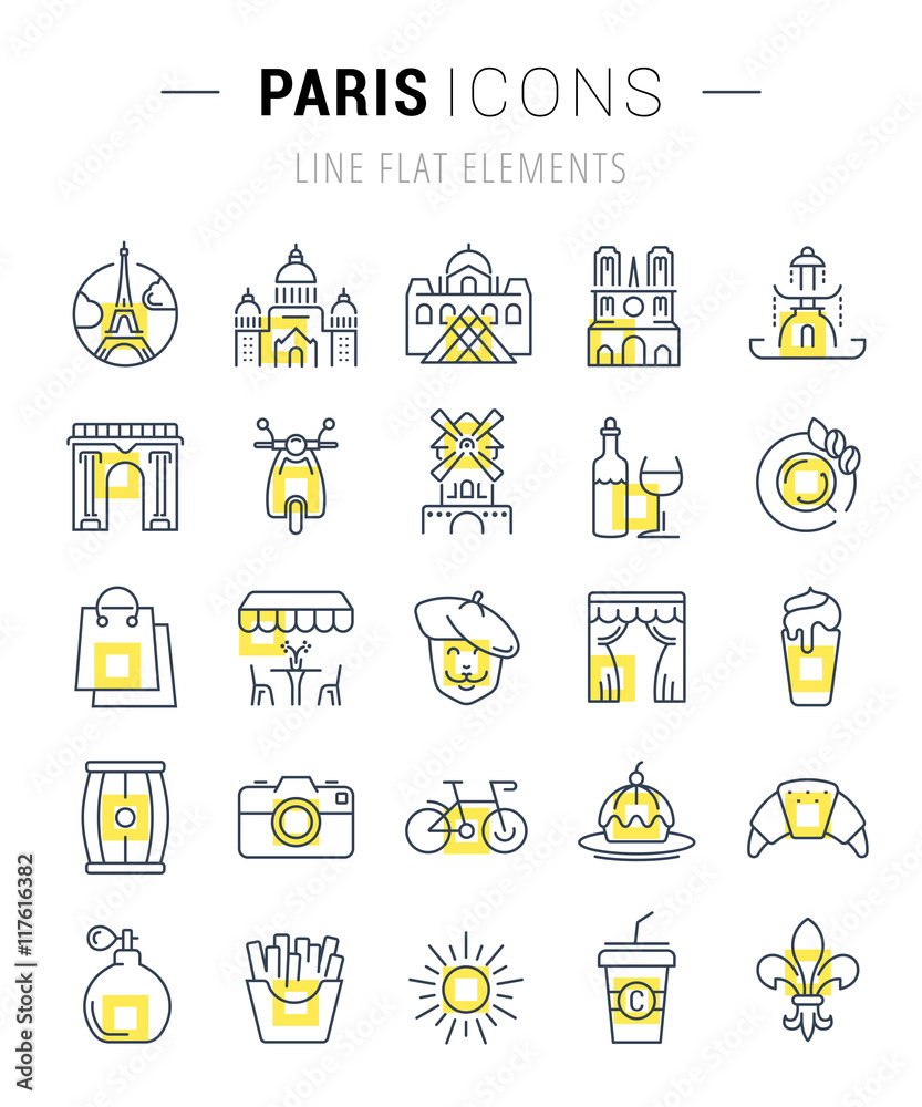 Fototapeta premium Set Vector Flat Line Icons Paris