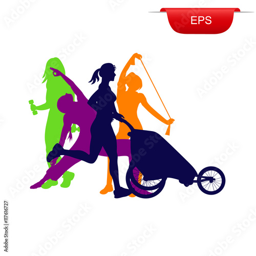 fitness concept, running woman with stroller, icon, vector illustration