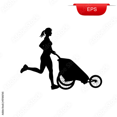 running girl with stroller, fitness, vector illustration, icon