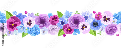 Vector horizontal seamless background with blue and purple pansies, cornflowers, lisianthuses, bluebells and hydrangea flowers.