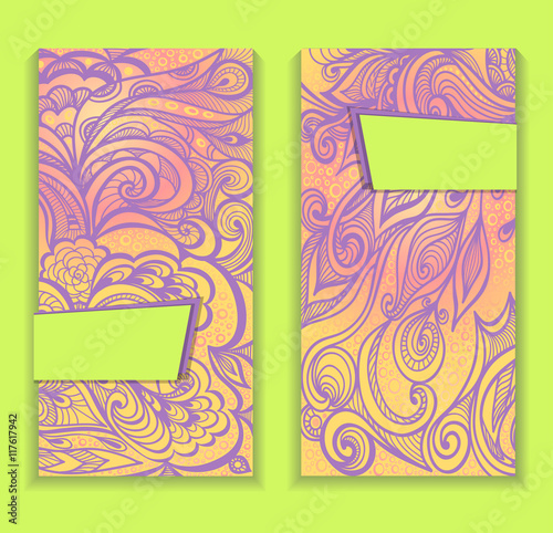 Template flyer or package  with Zen-doodle pattern in light green lilac yellow