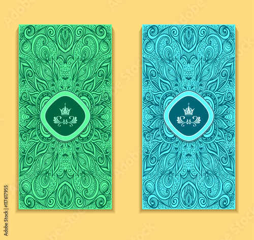Template flyer or package  with Zen-doodle pattern in marine blue