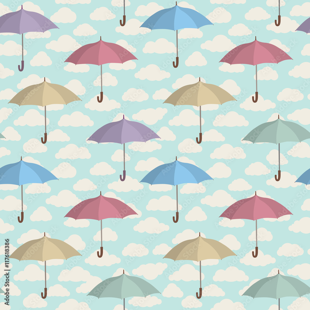 Umbrella  pattern. Cloudy sky seamless background. Rainy autumn weather design concept