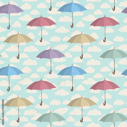 Umbrella  pattern. Cloudy sky seamless background. Rainy autumn weather design concept