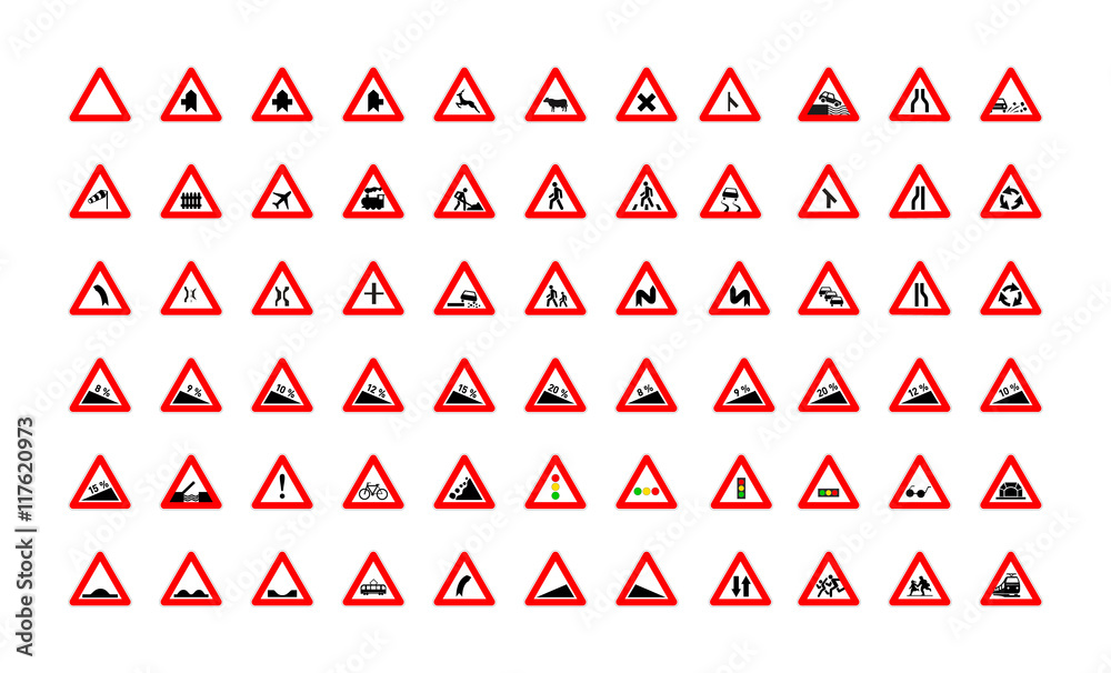 Set of triangular road signs isolated on white Set of triangular road signs isolated on white