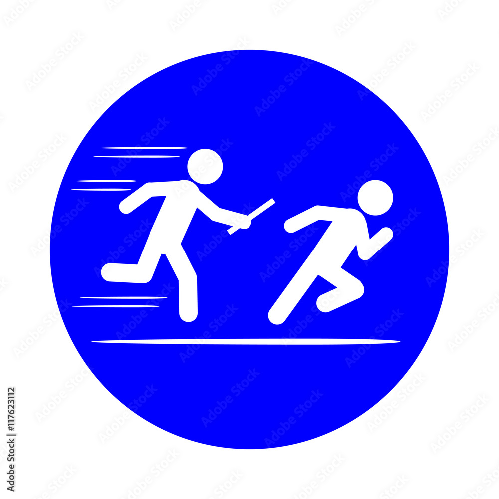 Two white outline runners participate in a relay race on a blue background Two white outline runners participate in a relay race on a blue background