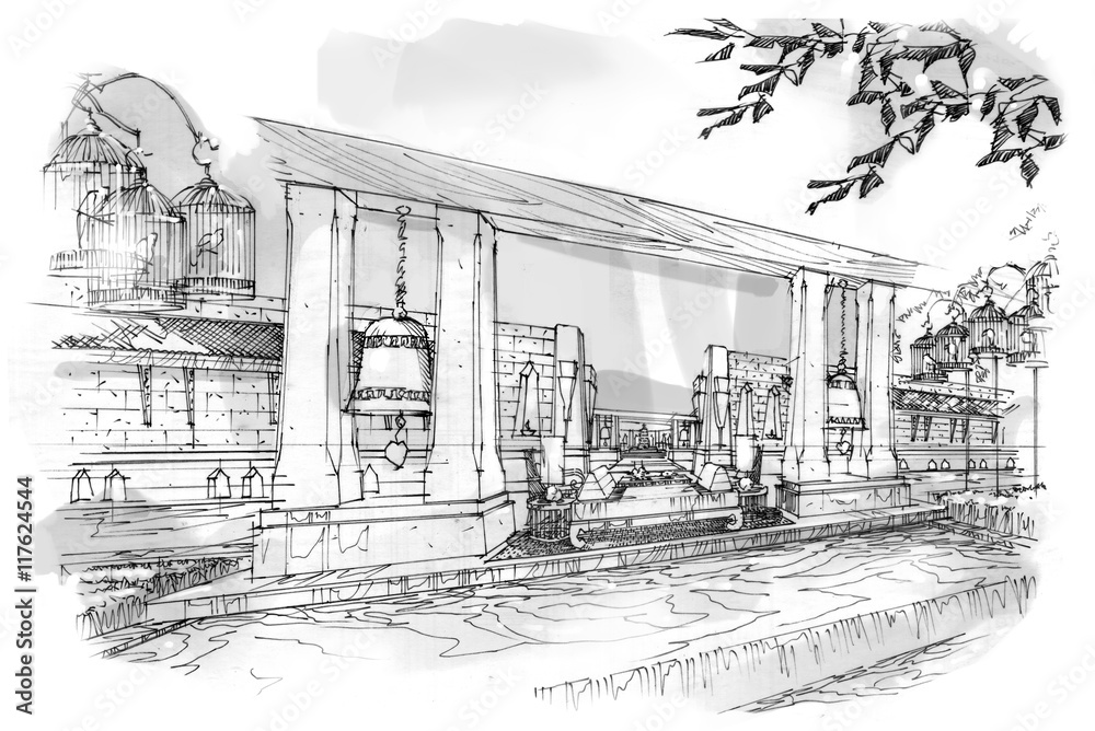 Naklejka premium sketch stripes corridor , black and white interior design.